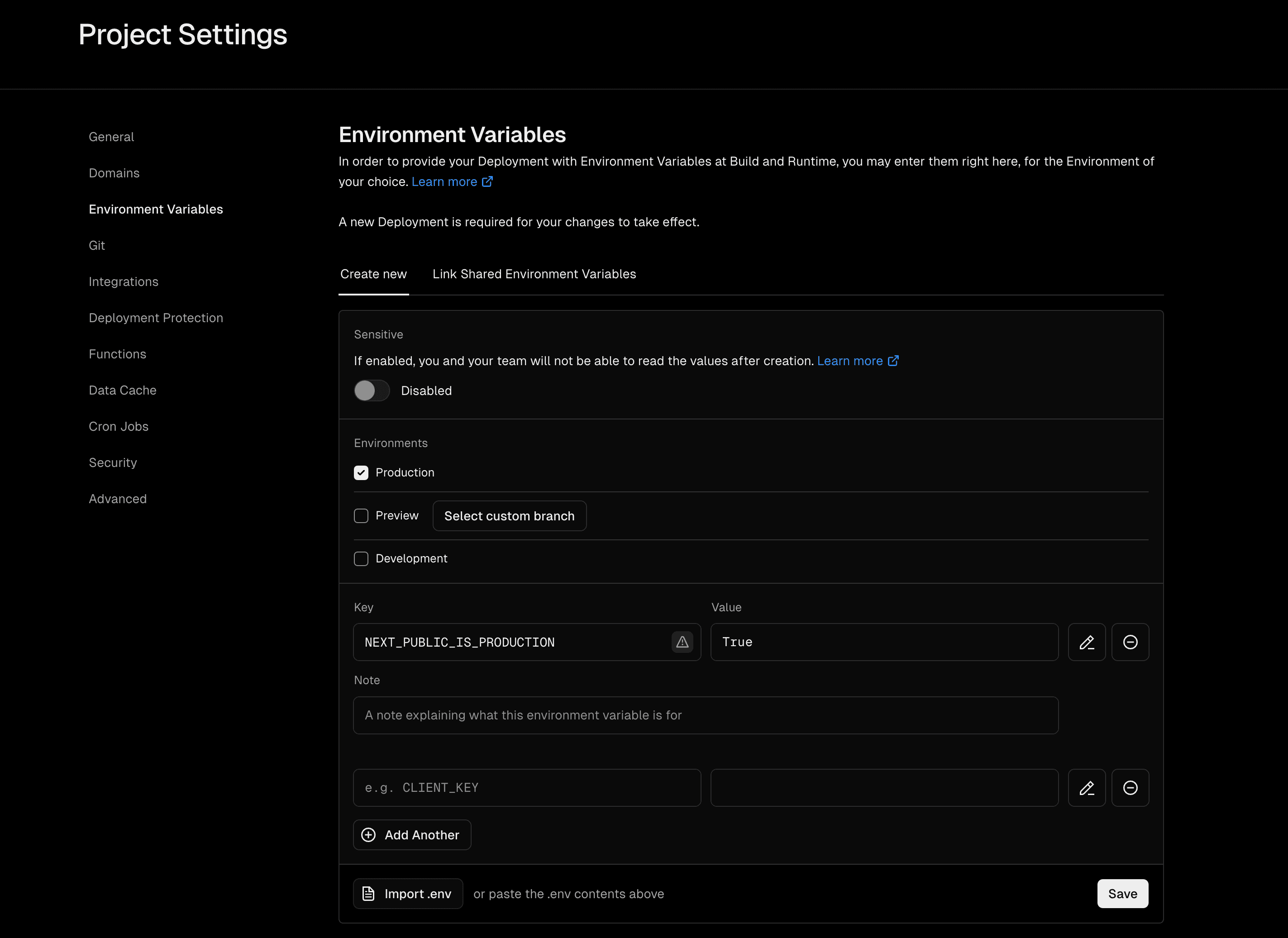 Setting variables in your Vercel Project Settings